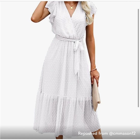 BTFBM Women Bohemian Floral Wrap V Neck Ruffle Belt A-Line Midi Dress White LG - Picture 8 of 9